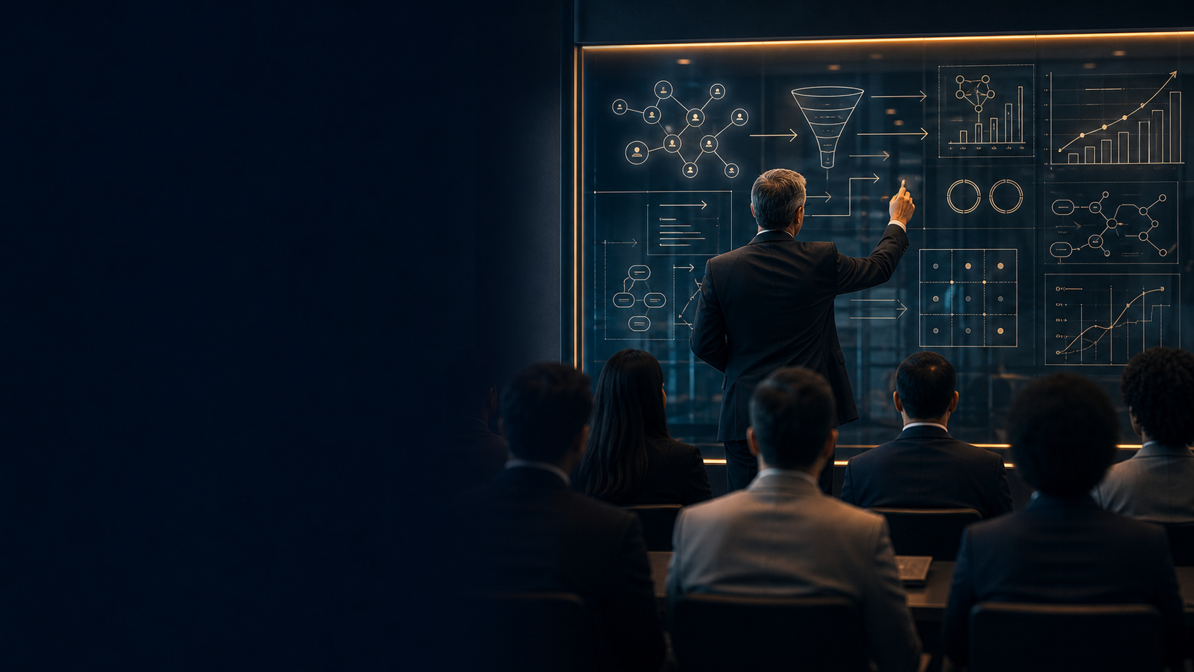 Leader seen from behind explaining research ideas and business impact on a board