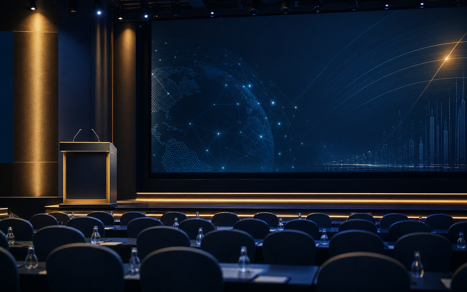 International academic conference stage with technology research screen