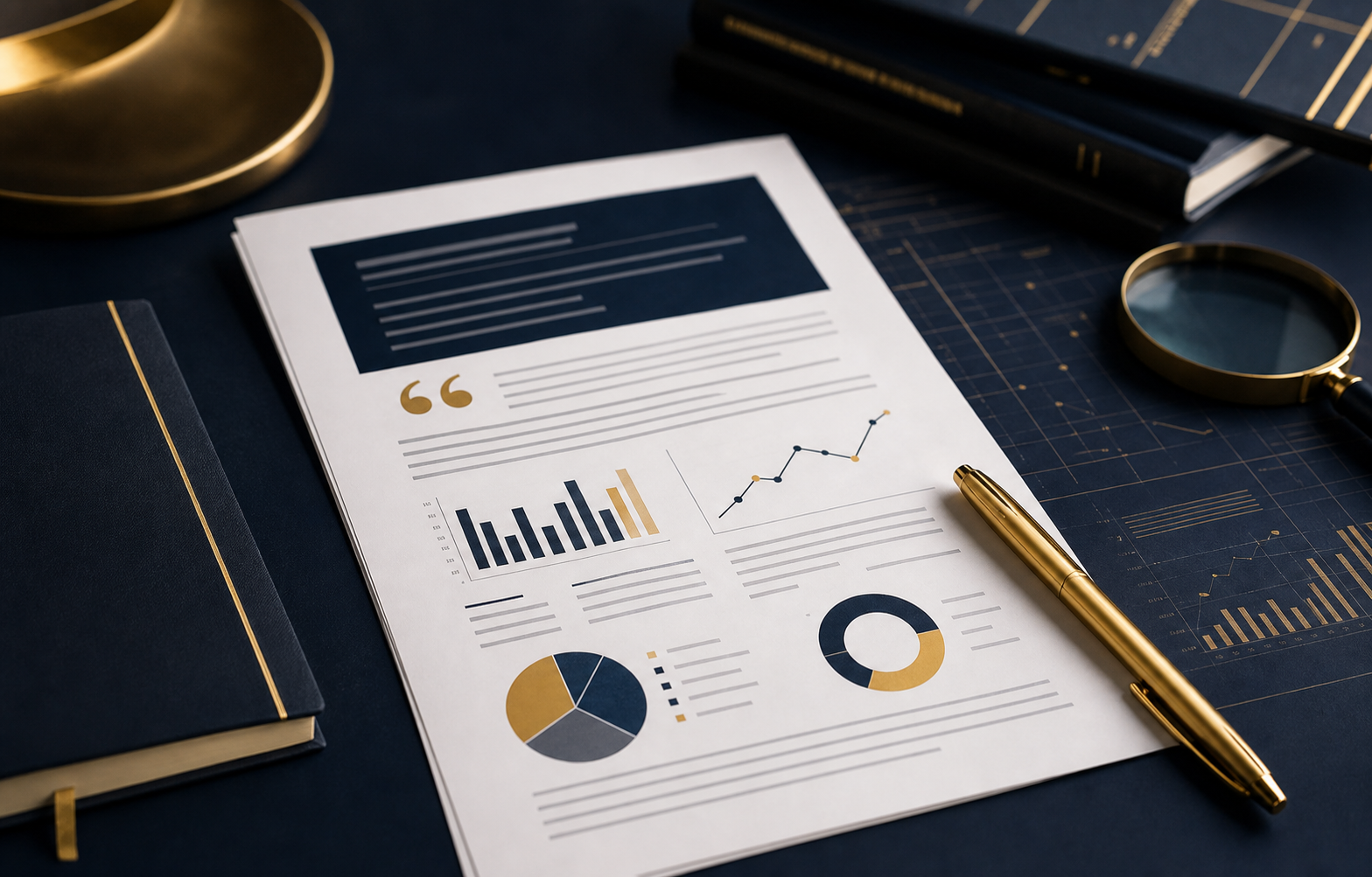Scientific publication with business analytics charts on an academic desk